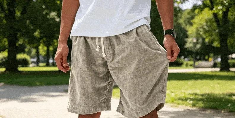 Beige Hatme Nerbalipos Sommershorts in Bewegung in einem Park