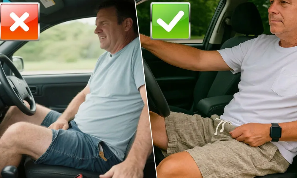 Vergleich zwischen steifen Shorts und bequemen Hatme Nerbalipos Sommershorts im Fahrzeug