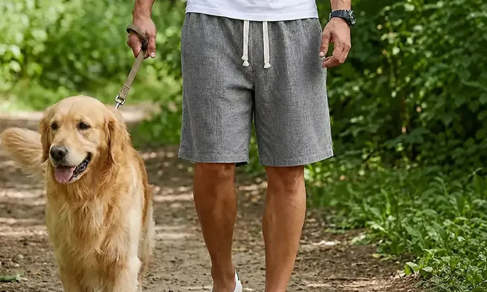 Graue Hatme Nerbalipos Sommershorts beim Spaziergang mit einem Hund